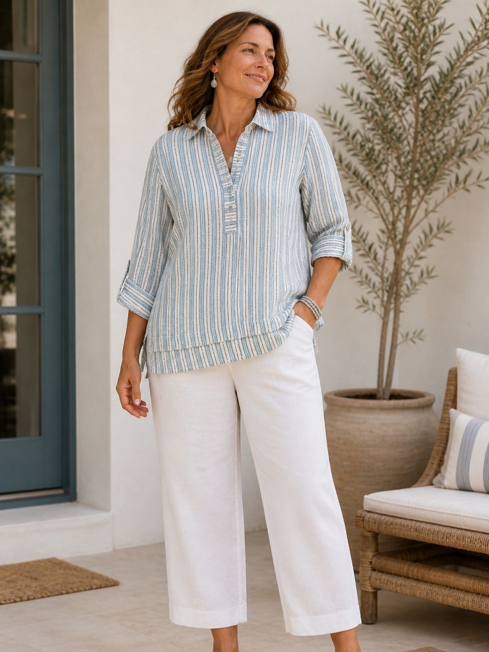J. Jill Love Linen Stripped Quarter Button Up 100% Linen Shirt Relaxed Sz L - Picture 2 of 15
